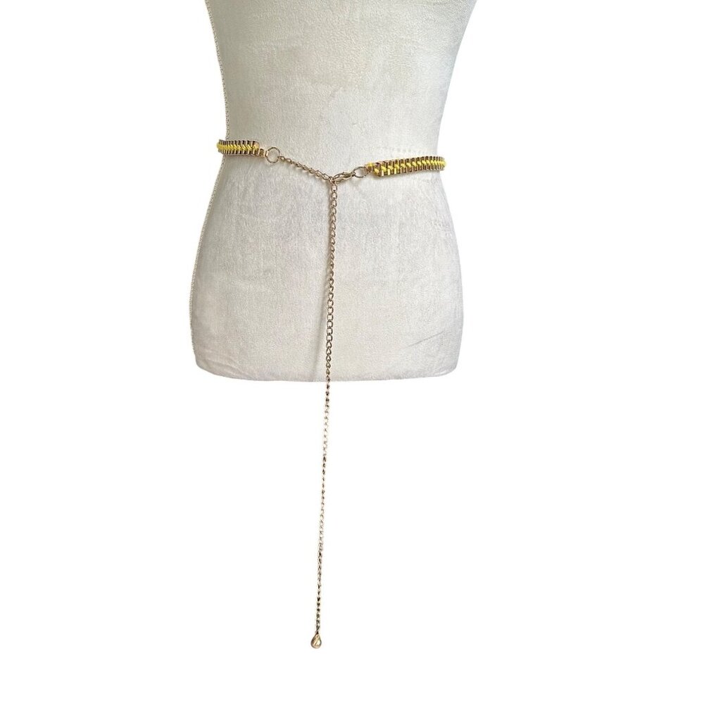 Gold Chain Waist Belt With Yellow Ribbon Detailing & Dangling Charm ball Accent